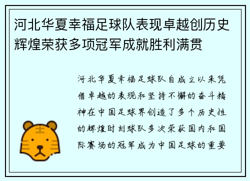 河北华夏幸福足球队表现卓越创历史辉煌荣获多项冠军成就胜利满贯
