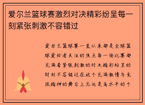 爱尔兰篮球赛激烈对决精彩纷呈每一刻紧张刺激不容错过